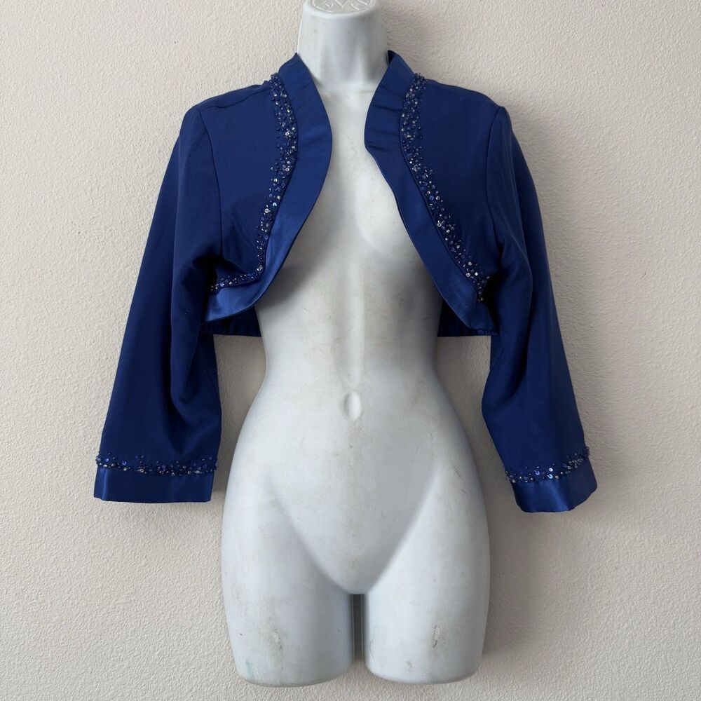 Montage by Mon Cheri Royal Blue Beaded Bolero Shrug Cropped Jacket Wedding Sz 14